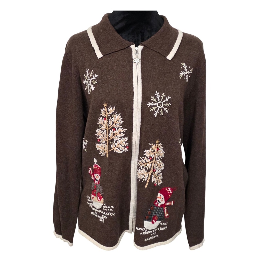 Hampshire Studio Snow Cardigan Zip Up Holiday Christmas Snowman Tree M 90s